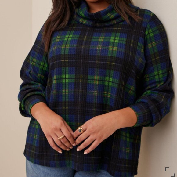 torrid Sweaters - Torrid Plus Size Plaid Blue and Green Brushed Waffle Cowl Neck Top Sweater 3X